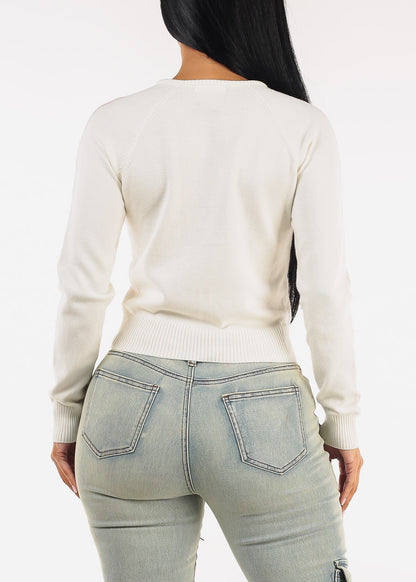 Long Sleeve Zip Up Stretch Sweater Off White