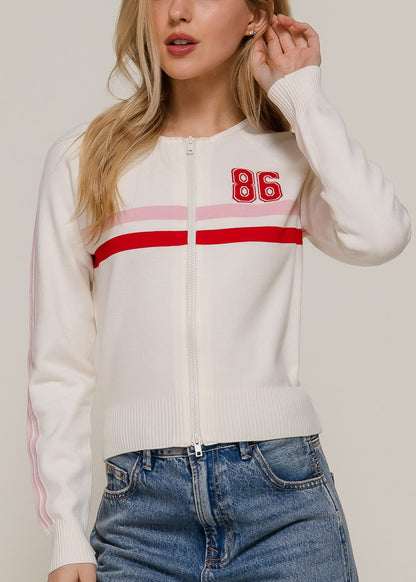 Long Sleeve Zip Up Stretch Sweater Off White