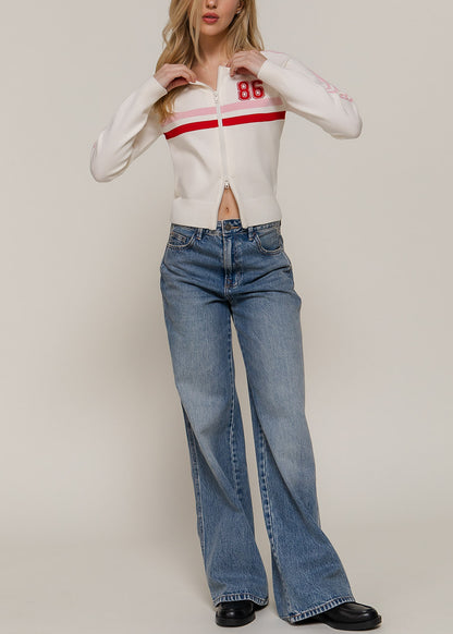 Long Sleeve Zip Up Stretch Sweater Off White