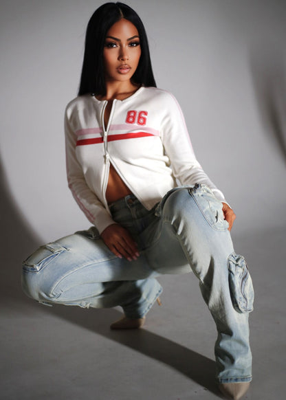 Long Sleeve Zip Up Stretch Sweater Off White