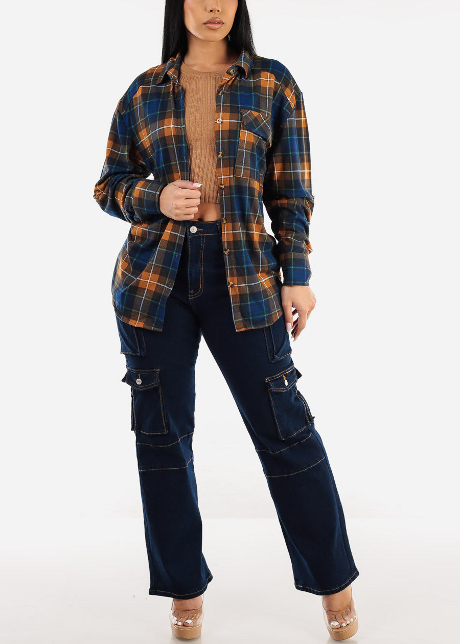 Oversized Plaid Button Down Shacket Brown & Navy