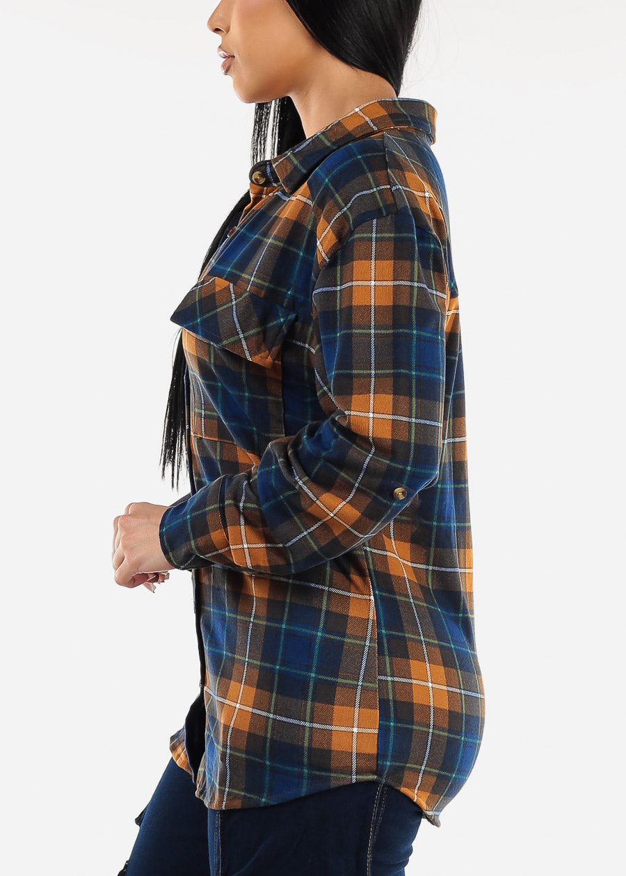 Oversized Plaid Button Down Shacket Brown & Navy