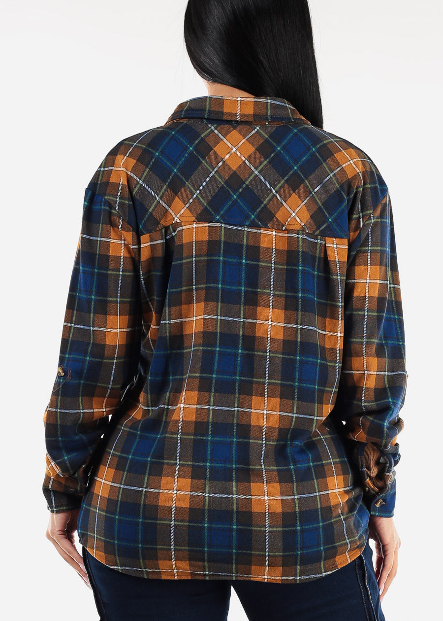 Oversized Plaid Button Down Shacket Brown & Navy