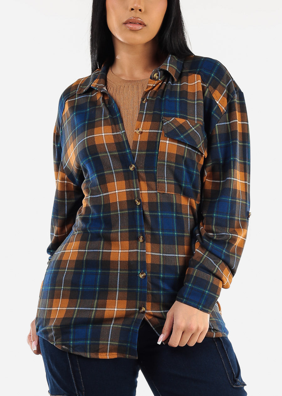 Oversized Plaid Button Down Shacket Brown & Navy