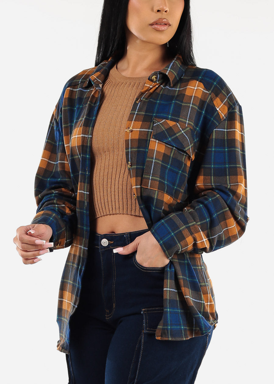 Oversized Plaid Button Down Shacket Brown & Navy