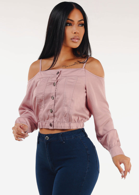 Cold Shoulder Button Up Blouse Dusty Pink