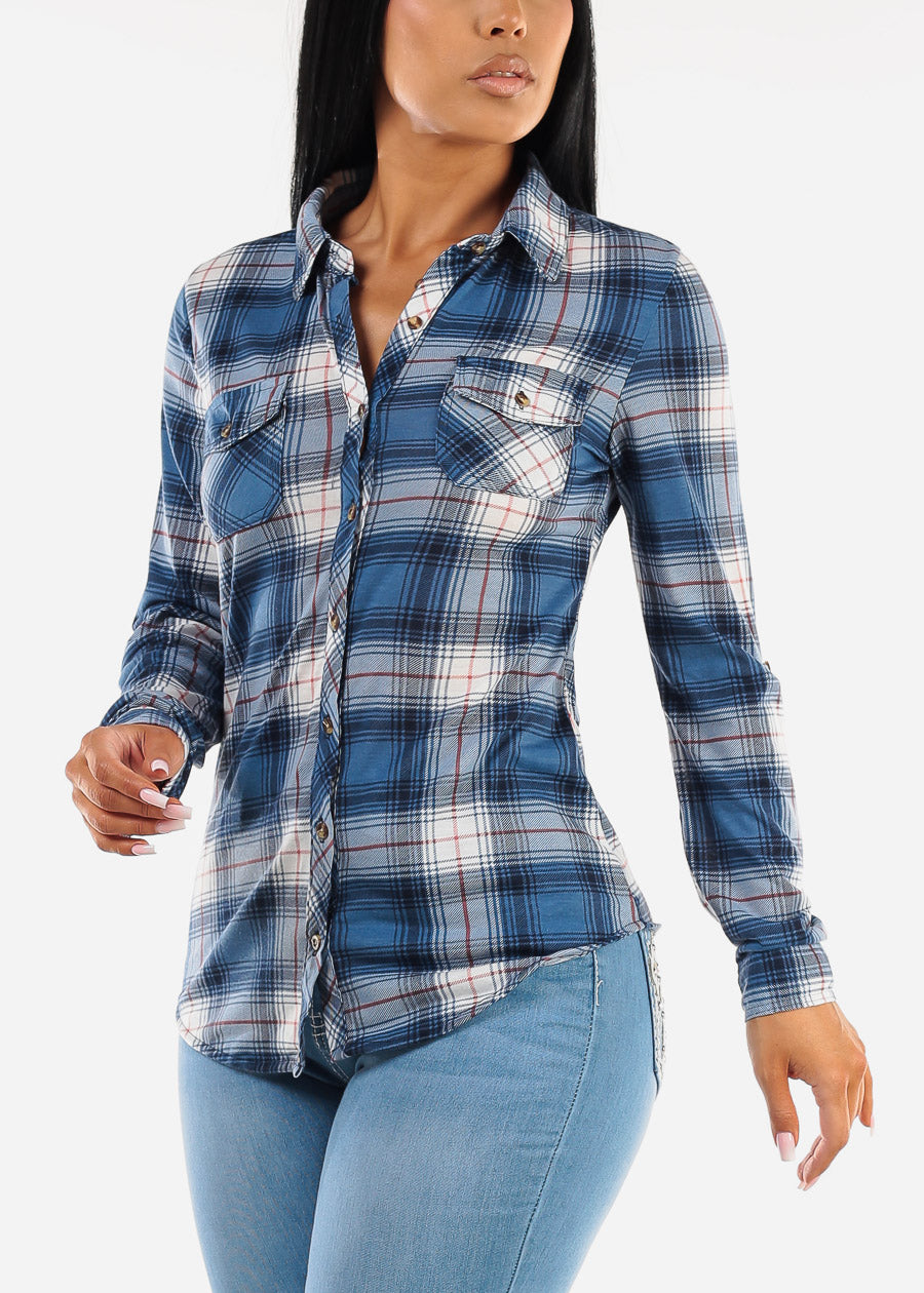 Long Sleeve Button Up Plaid Shirt Blue