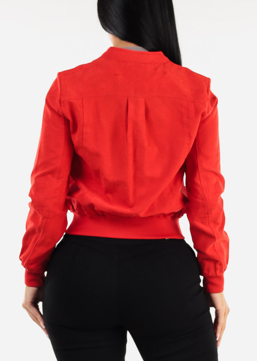 Long Sleeve Zip Up Red Jacket w Ribbed Hem