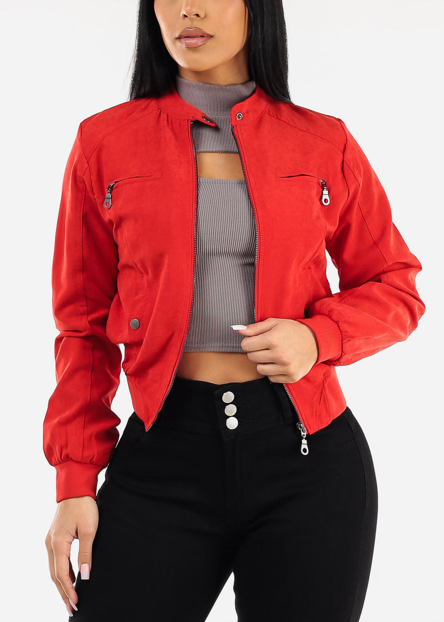 Long Sleeve Zip Up Red Jacket w Ribbed Hem