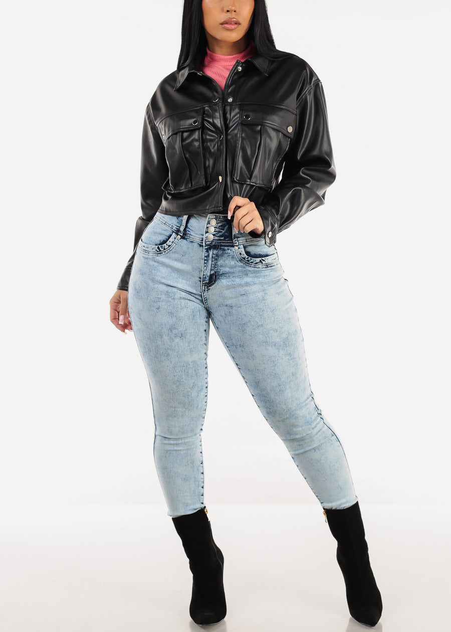 Long Sleeve Vegan Leather Black Cropped Jacket