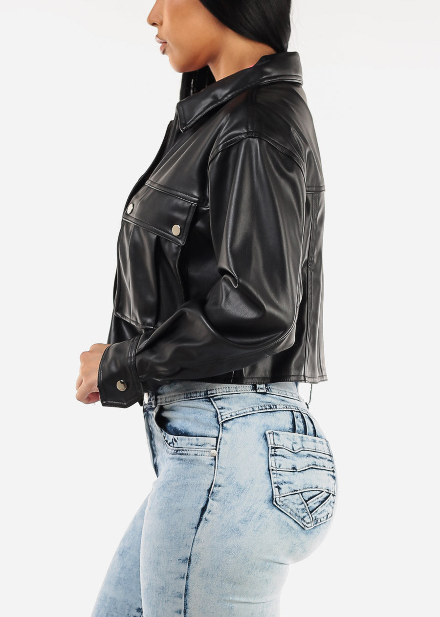 Long Sleeve Vegan Leather Black Cropped Jacket