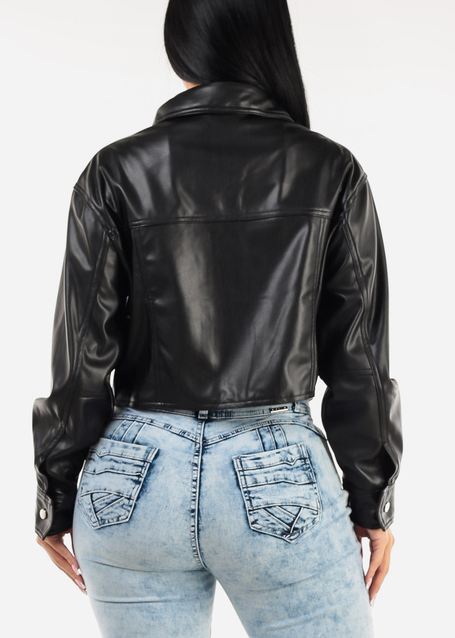 Long Sleeve Vegan Leather Black Cropped Jacket