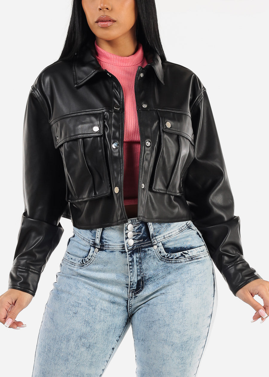 Long Sleeve Vegan Leather Black Cropped Jacket