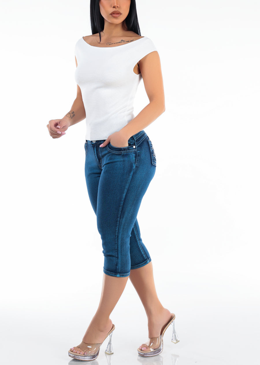 Stretch Cap Sleeve Boat Neckline Sweater Top Off White