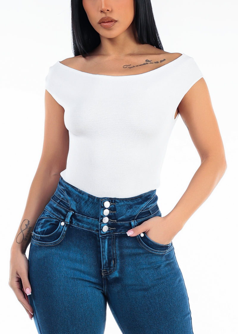 Stretch Cap Sleeve Boat Neckline Sweater Top Off White