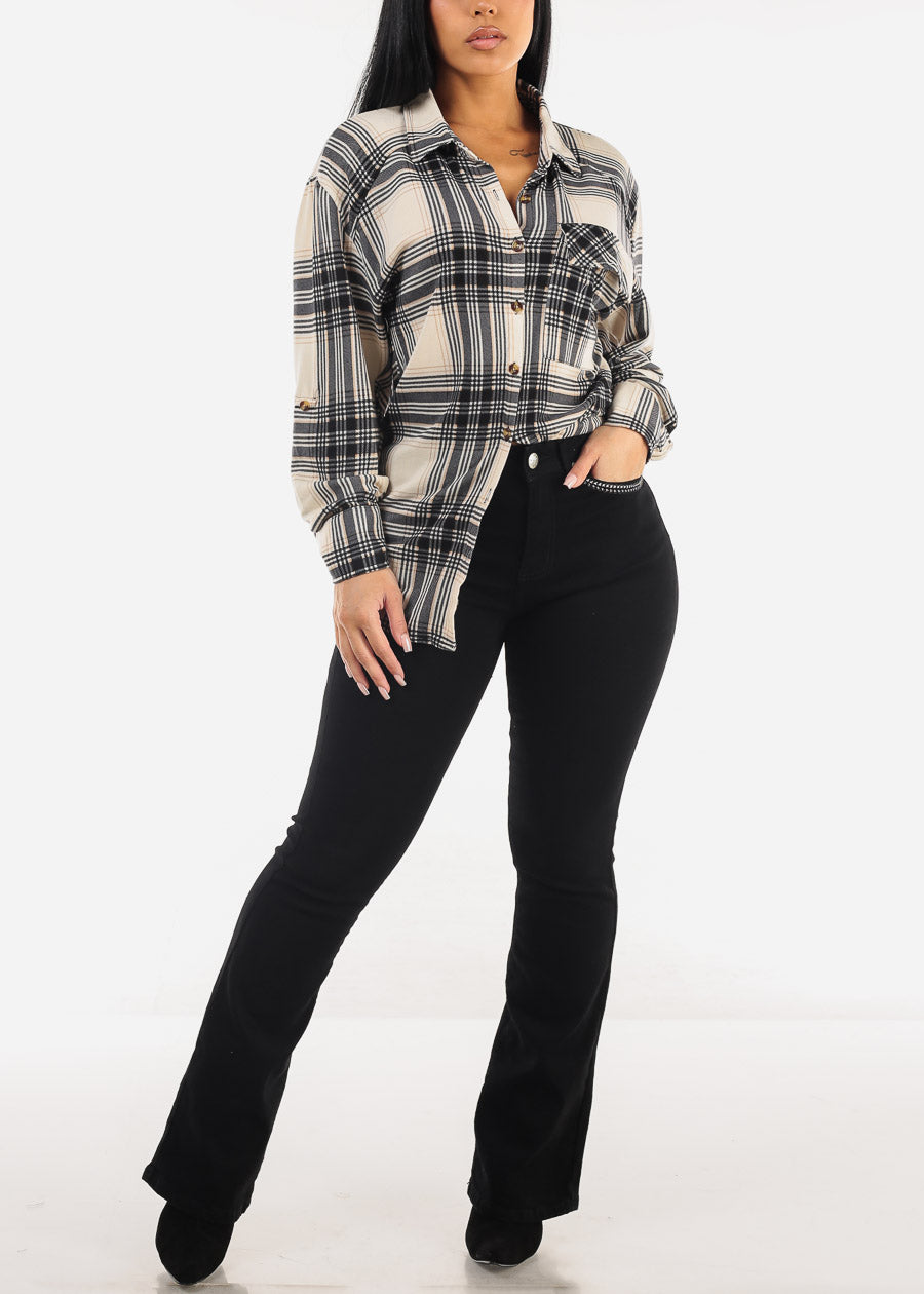 Oversized Plaid Button Down Shacket Ivory & Black