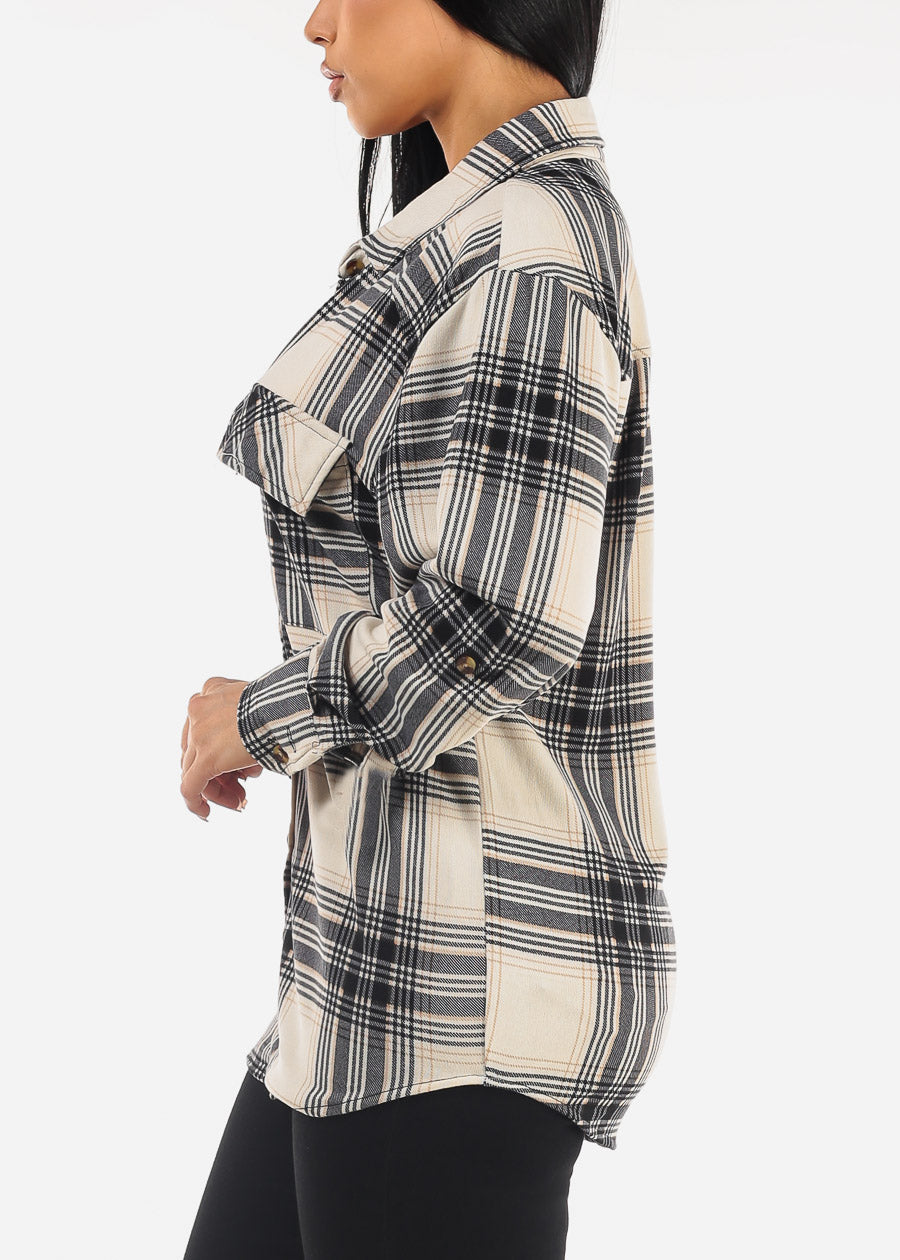 Oversized Plaid Button Down Shacket Ivory & Black