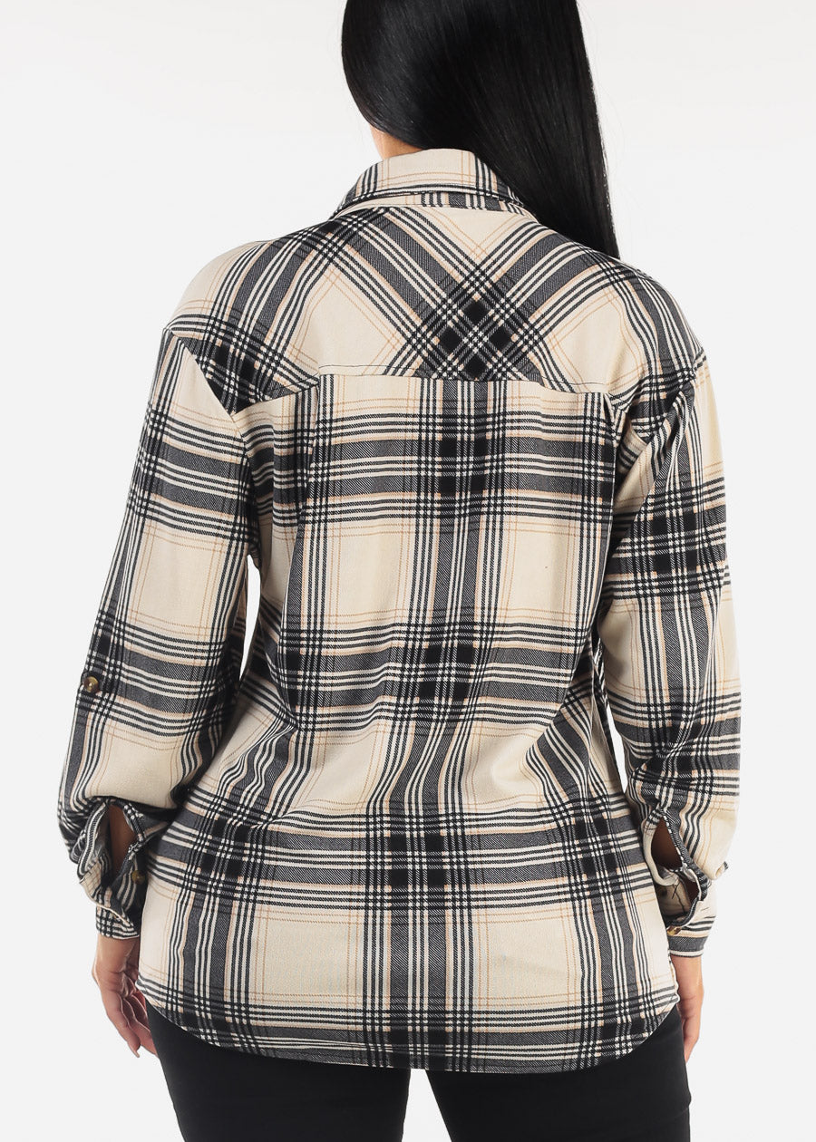 Oversized Plaid Button Down Shacket Ivory & Black