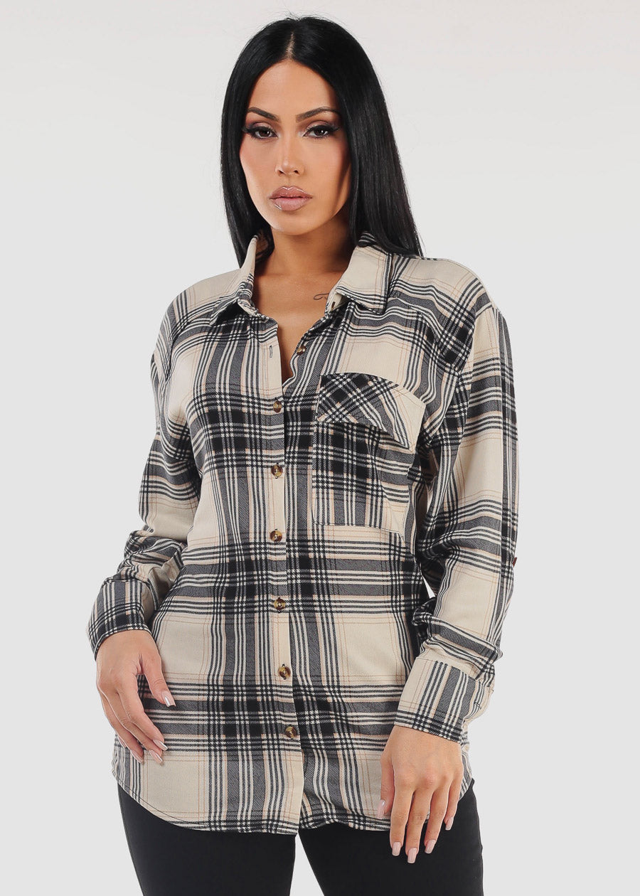 Oversized Plaid Button Down Shacket Ivory & Black