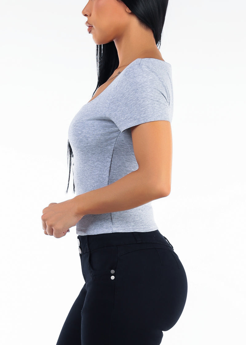 Short Sleeve Scoop Neck Stretch Crop Top Grey