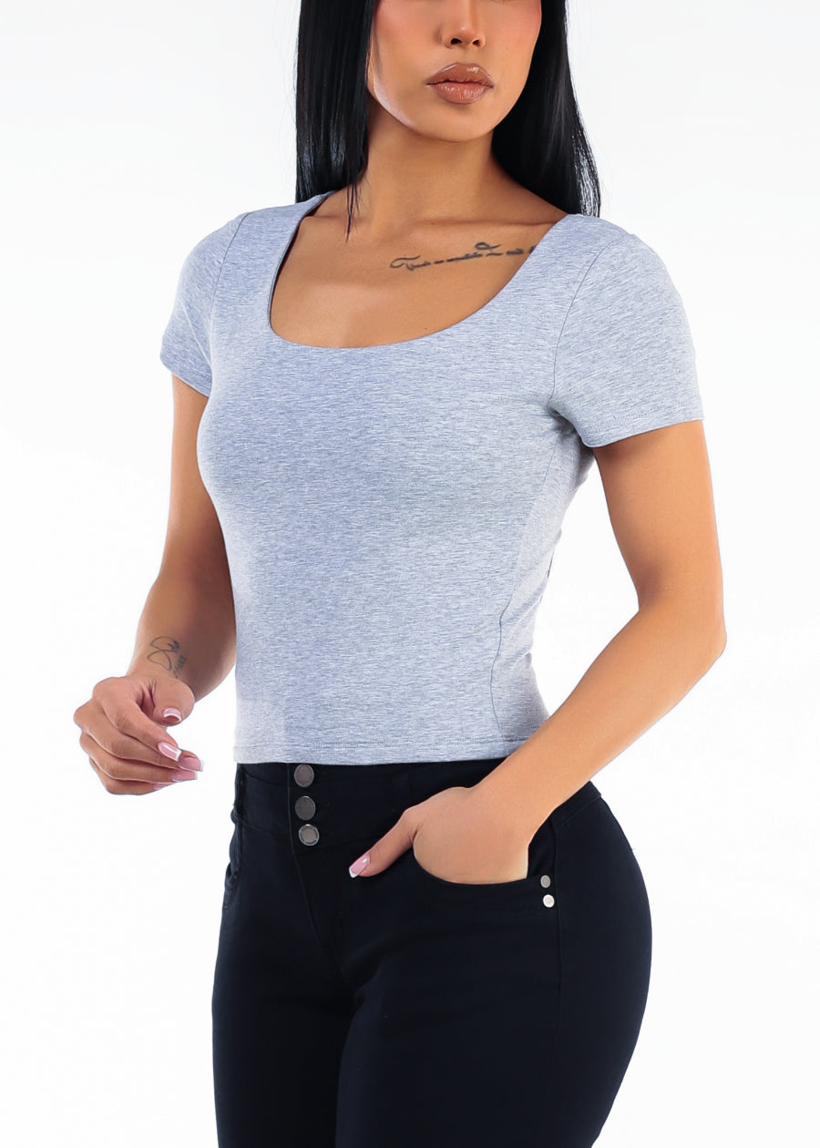Short Sleeve Scoop Neck Stretch Crop Top Grey
