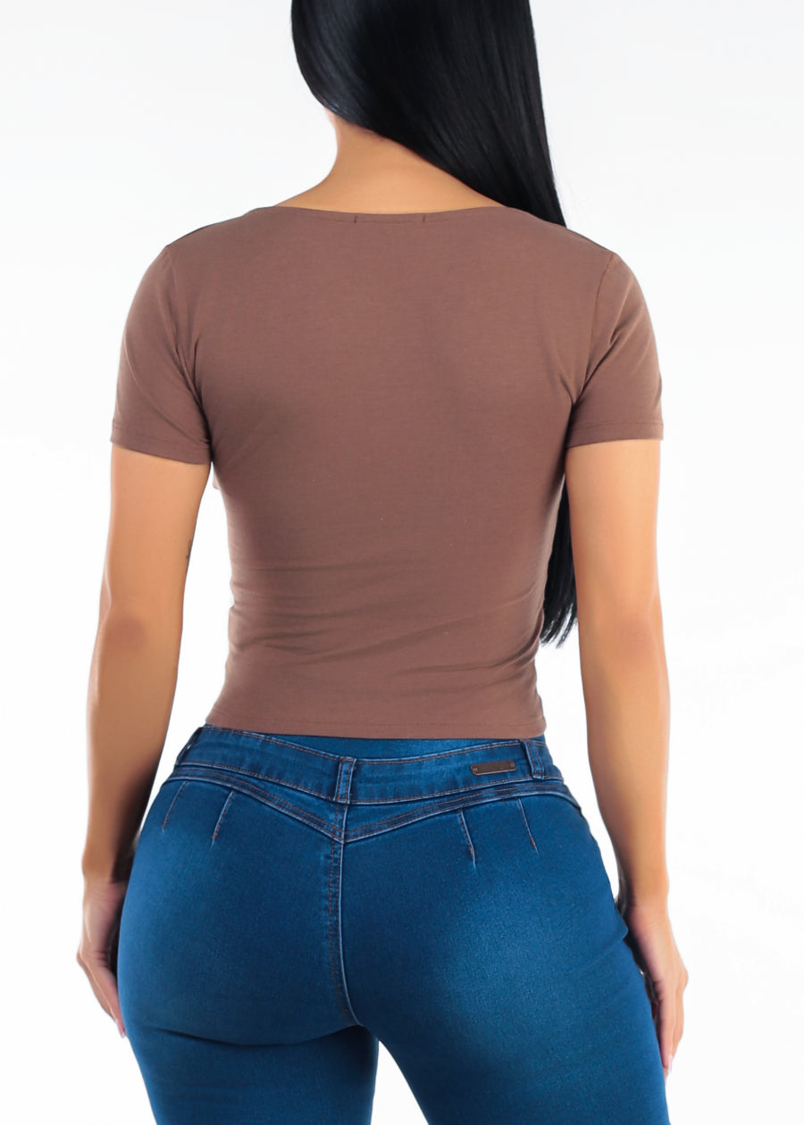 Short Sleeve Scoop Neck Stretch Crop Top Brown