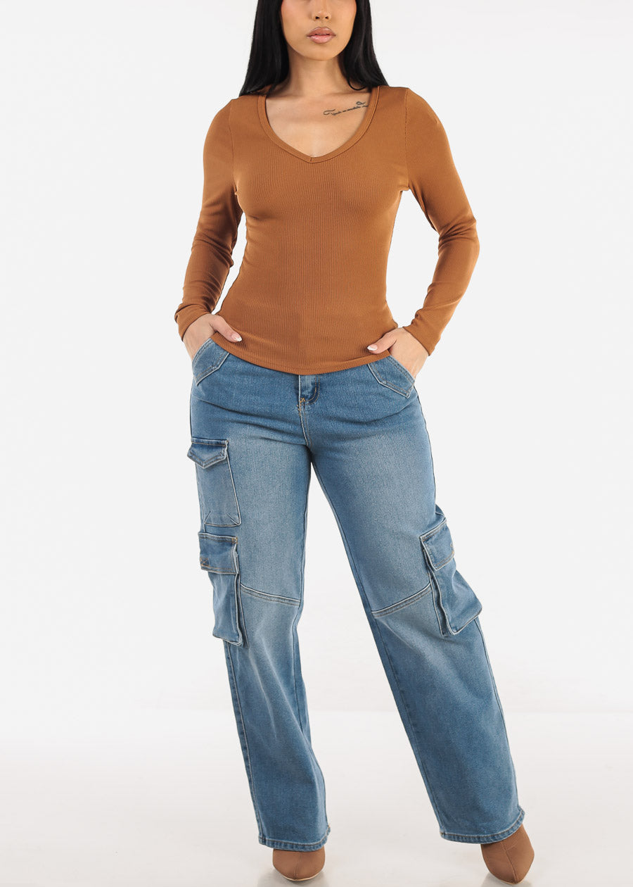 Long Sleeve Vneck Ribbed Top Light Brown