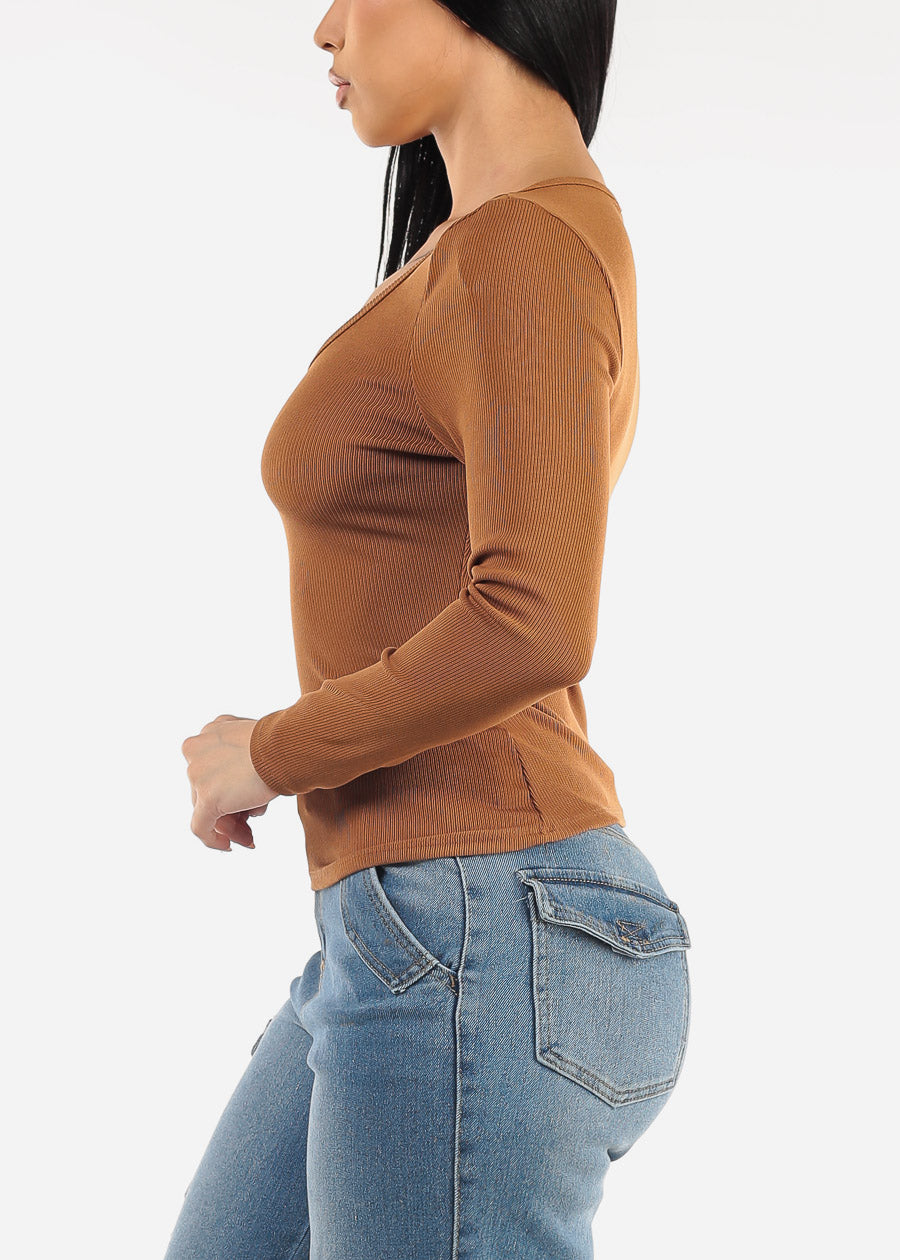 Long Sleeve Vneck Ribbed Top Light Brown