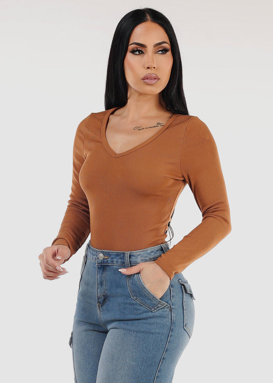 Long Sleeve Vneck Ribbed Top Light Brown