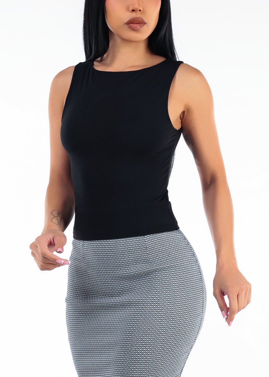 Sleeveless Boat Neckline Stretch Top Black