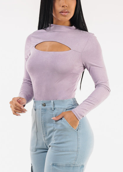 Mock Neck Cut Out Long Sleeve Suede Bodysuit Lavender