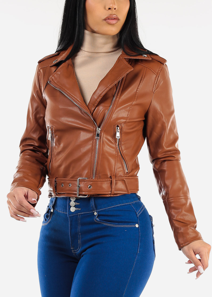 Zip Up Long Sleeve Vegan Leather Moto Jacket Camel