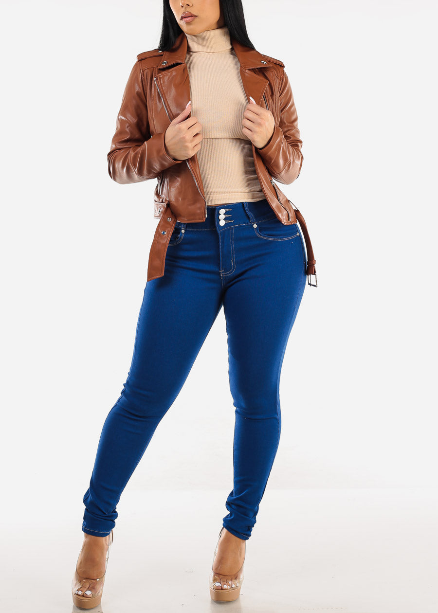 Zip Up Long Sleeve Vegan Leather Moto Jacket Camel