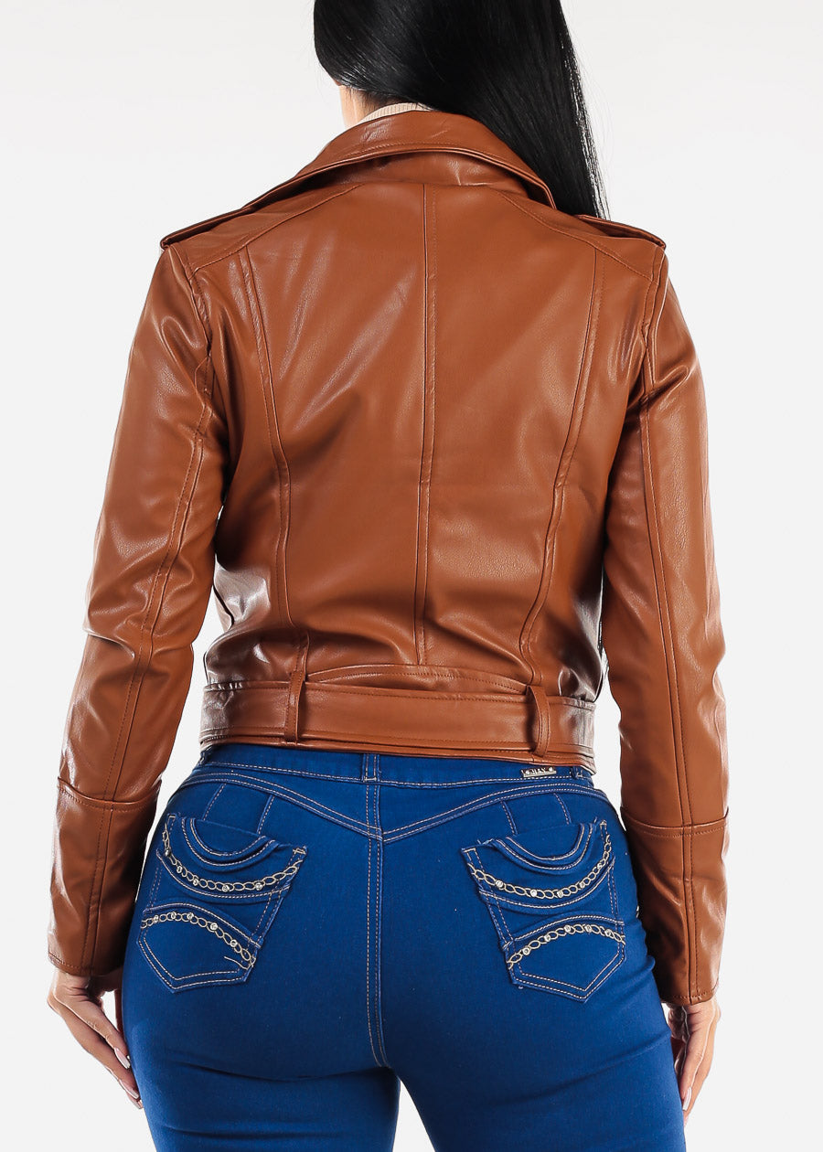 Zip Up Long Sleeve Vegan Leather Moto Jacket Camel