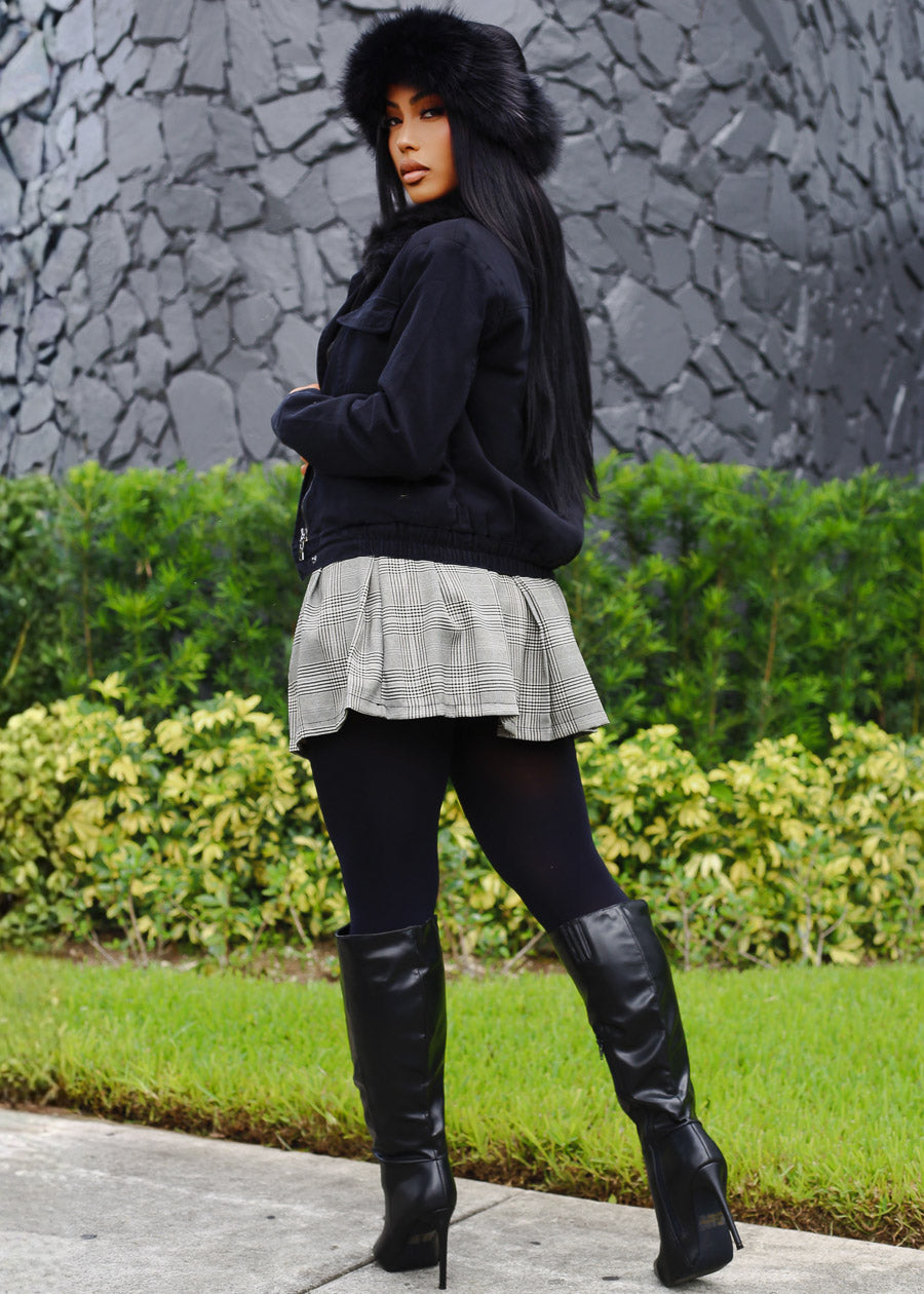 Pleated Plaid Mini Skirt Black
