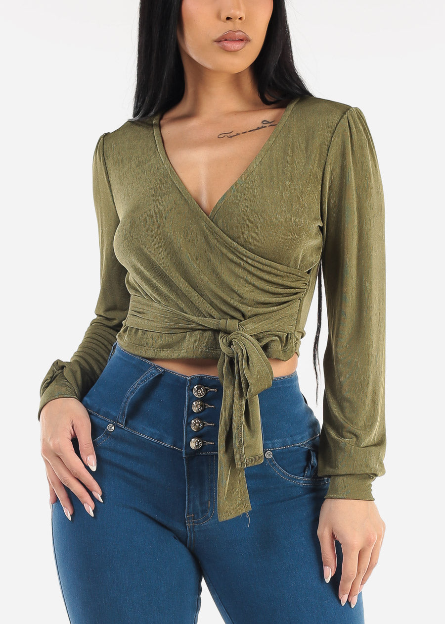 Long Sleeve Surplice Tie Front Blouse Olive