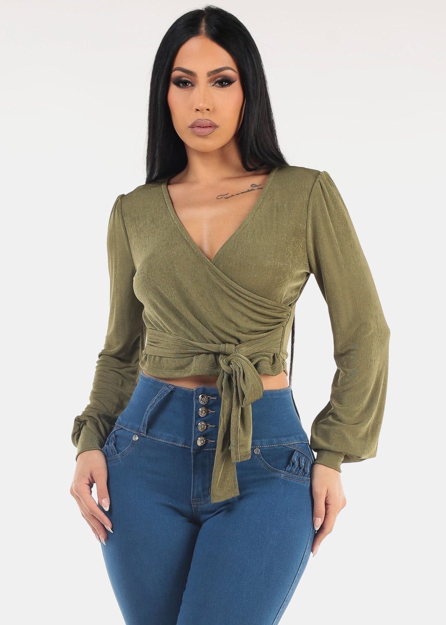 Long Sleeve Surplice Tie Front Blouse Olive