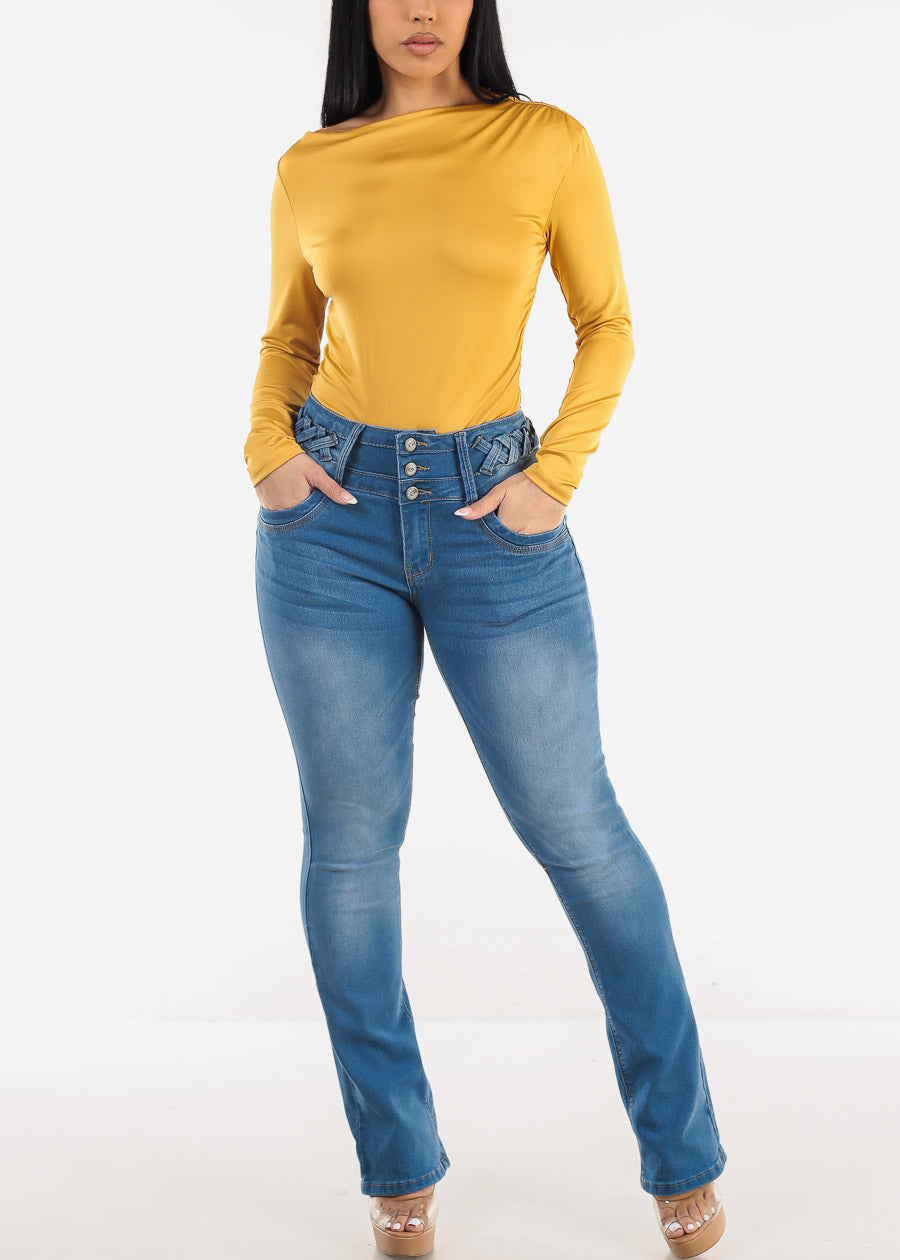 Ruched Long Sleeve Boat Neckline Top Mustard