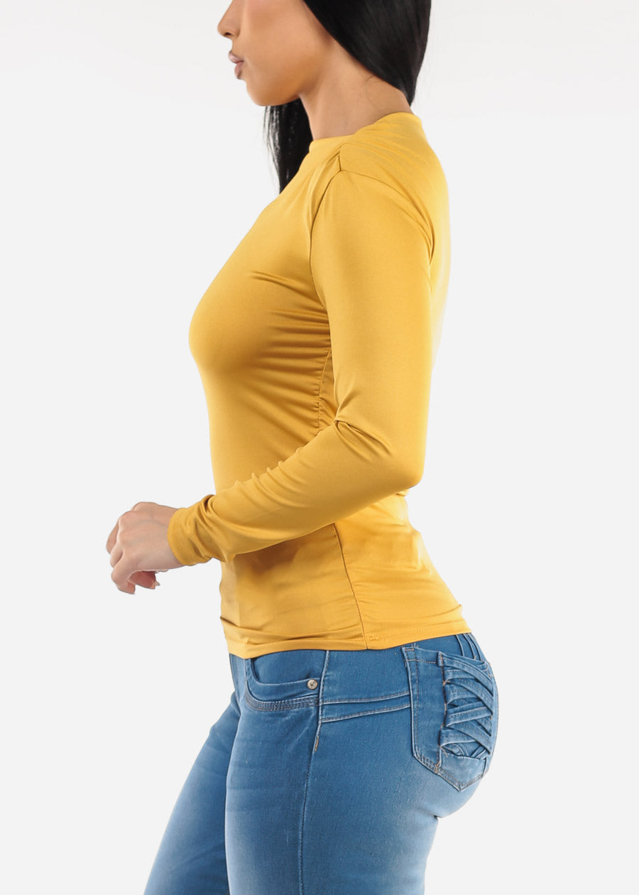 Ruched Long Sleeve Boat Neckline Top Mustard