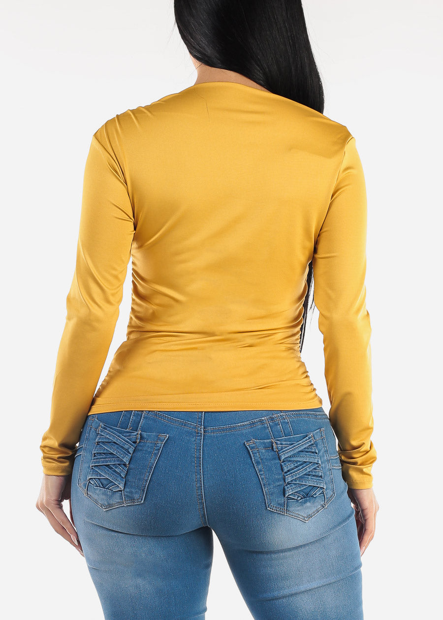 Ruched Long Sleeve Boat Neckline Top Mustard