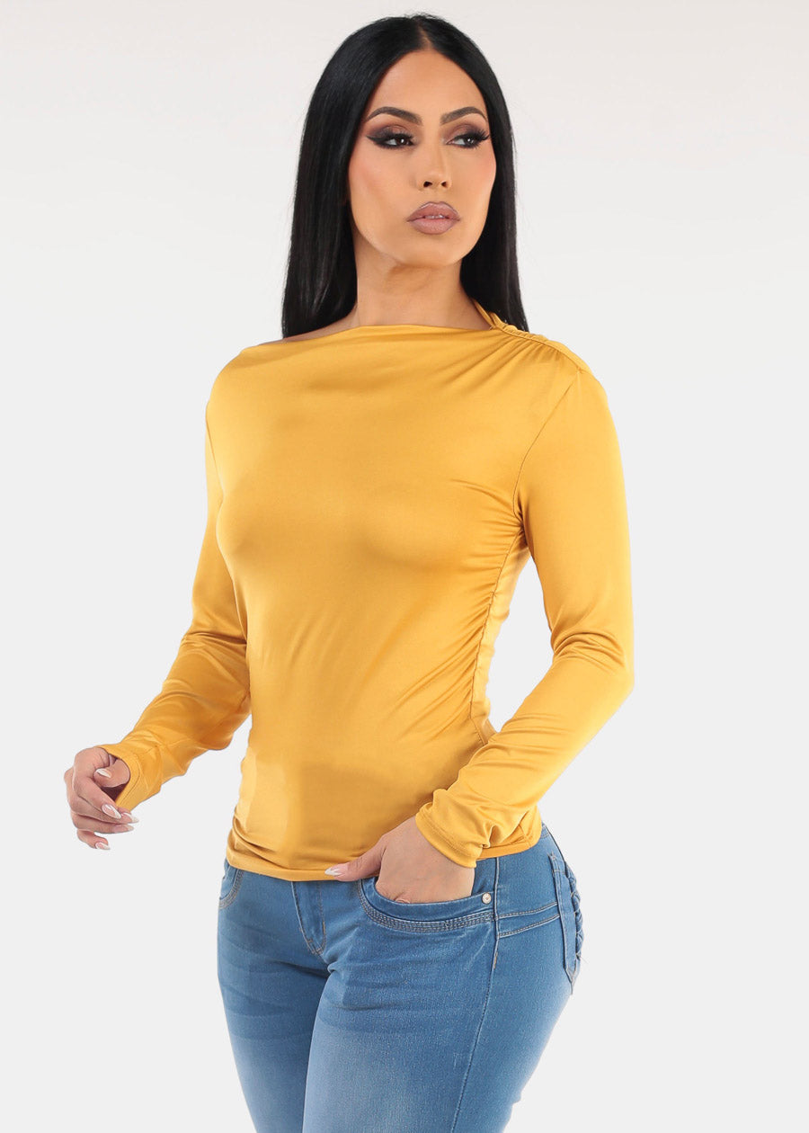 Ruched Long Sleeve Boat Neckline Top Mustard