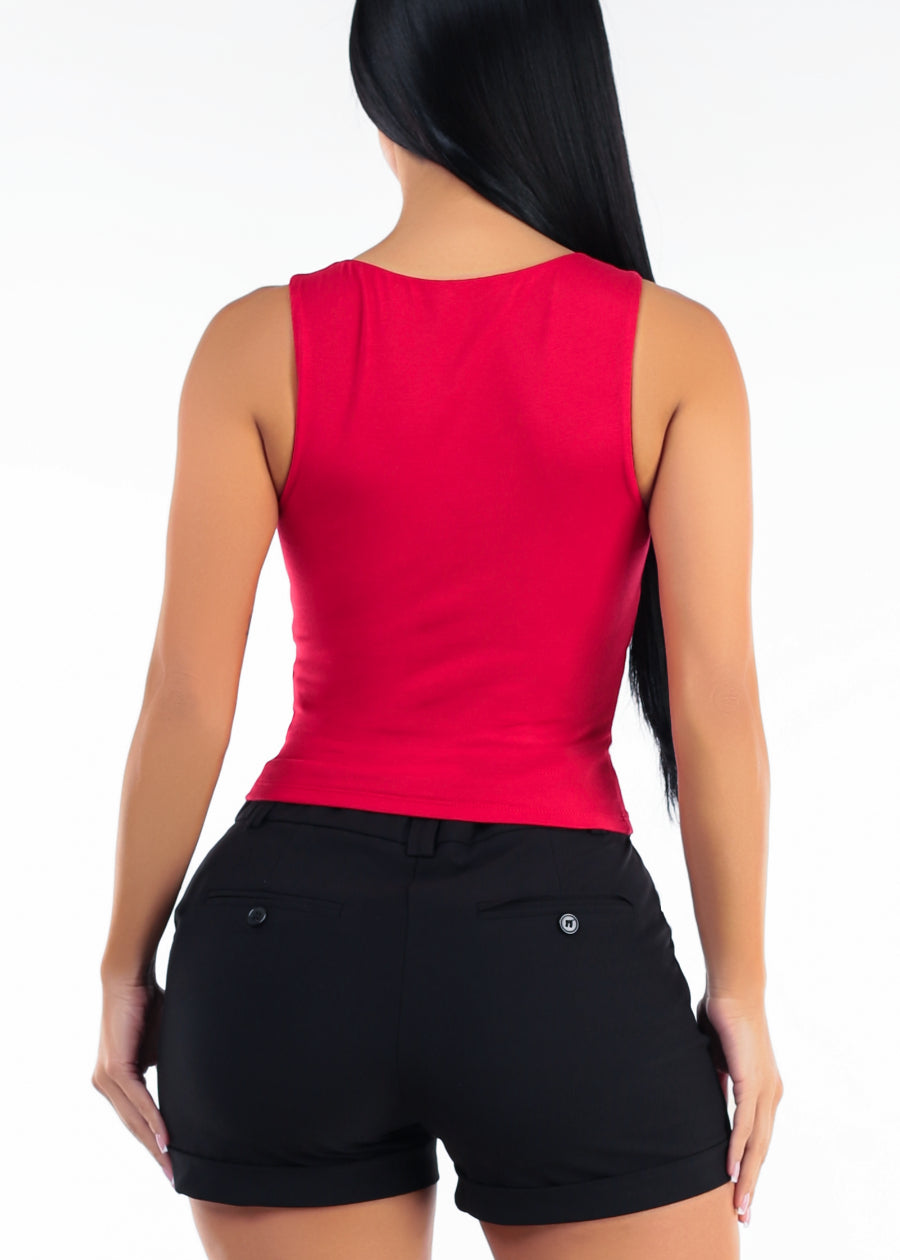 Sleeveless Boat Neckline Stretch Top Red