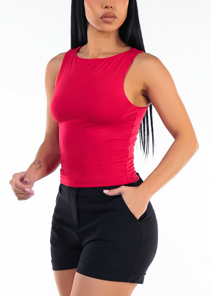 Sleeveless Boat Neckline Stretch Top Red