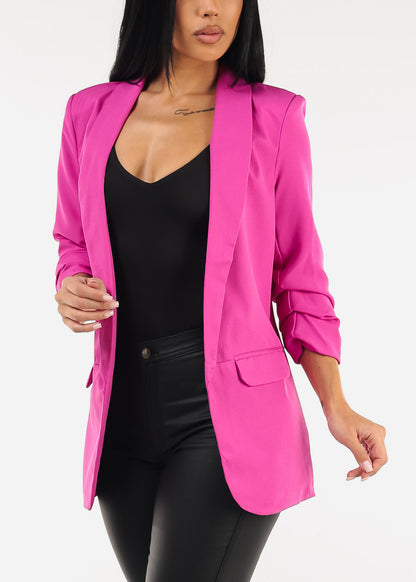 Quarter Sleeve Open Front Formal Blazer Fuchsia