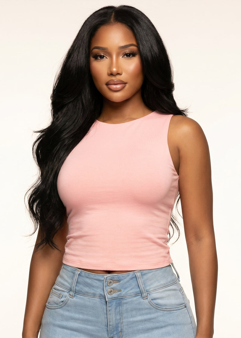 Sleeveless Boat Neckline Stretch Top Pink