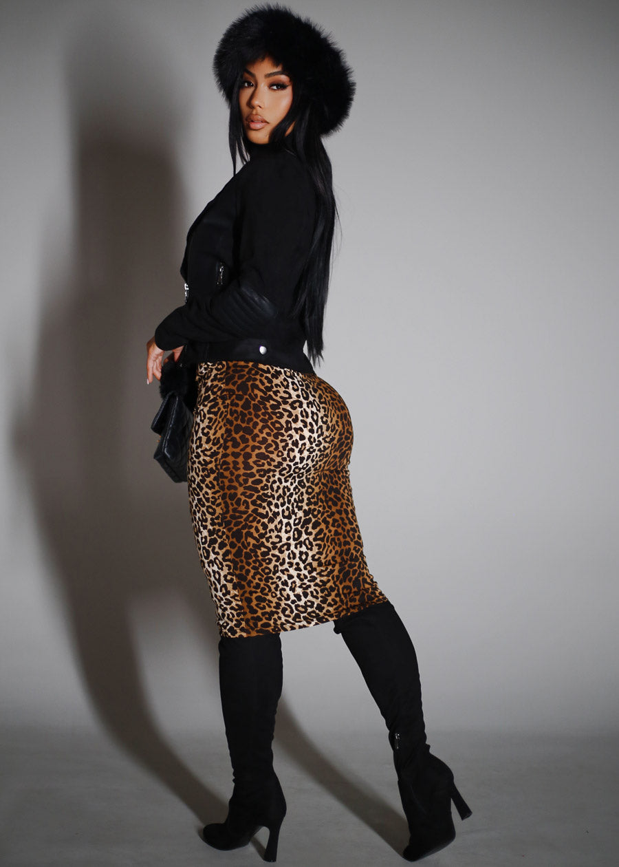 Stretch High Waist Animal Print Pencil Skirt Brown