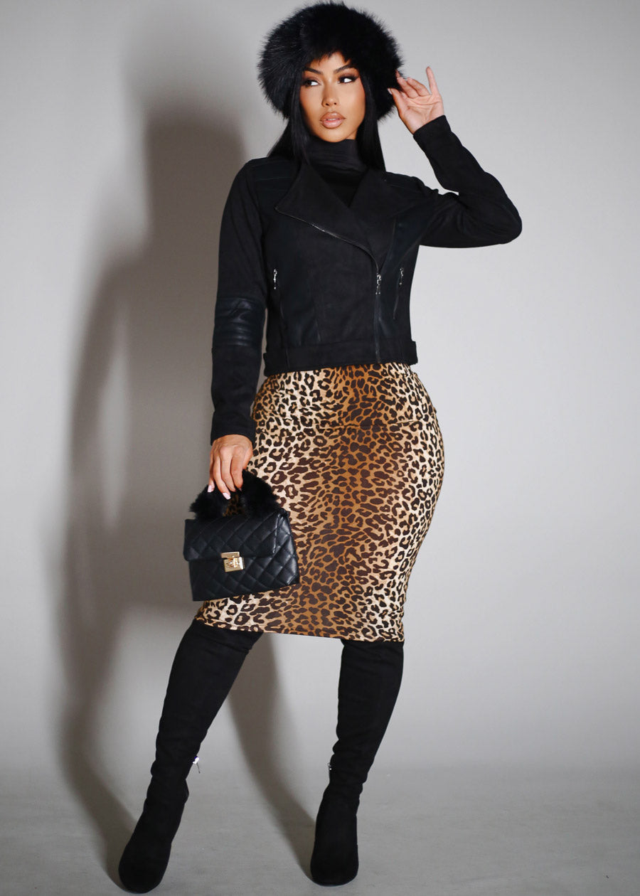 Stretch High Waist Animal Print Pencil Skirt Brown