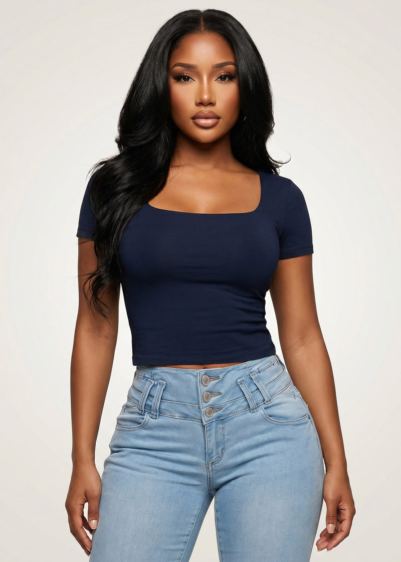 Square Neck Short Sleeve Stretch Top Navy