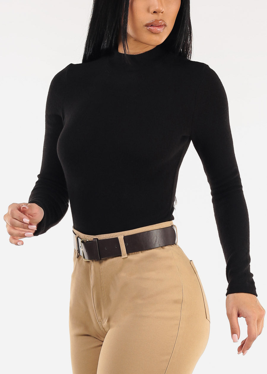 Long Sleeve Mock Neck Stretch Top Black