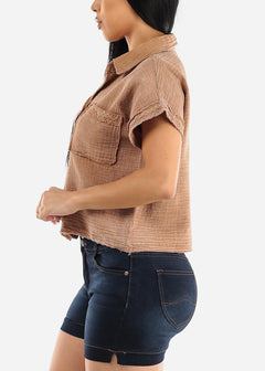 Short Sleeve Button Down Cotton Shirt Taupe